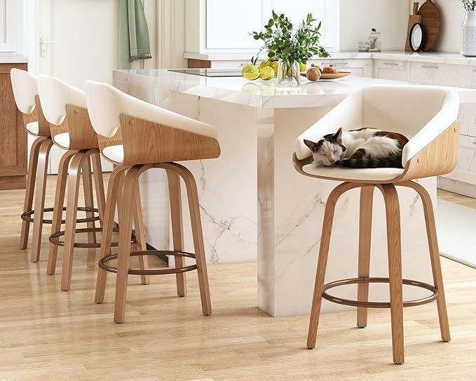 HNY 26 Inch Swivel Bar Stools with Back Set of 6, Beige Linen Upholstered Counter Height Barstools with Solid Bentwood Frame, Round Footrest, Modern Barrel Counter Stools for Kitchen Island, Home Bar