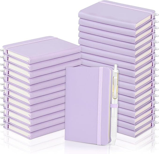 Aodaer 50 Sets Pocket Notebook Journal with Pens, 160 Pages, 3.5 x 5.5 Inch Mini Lined Journal Notebook A6 Leather Hardcover College Ruled Notepad with Pen Holder for School Office Gifts, Lavender