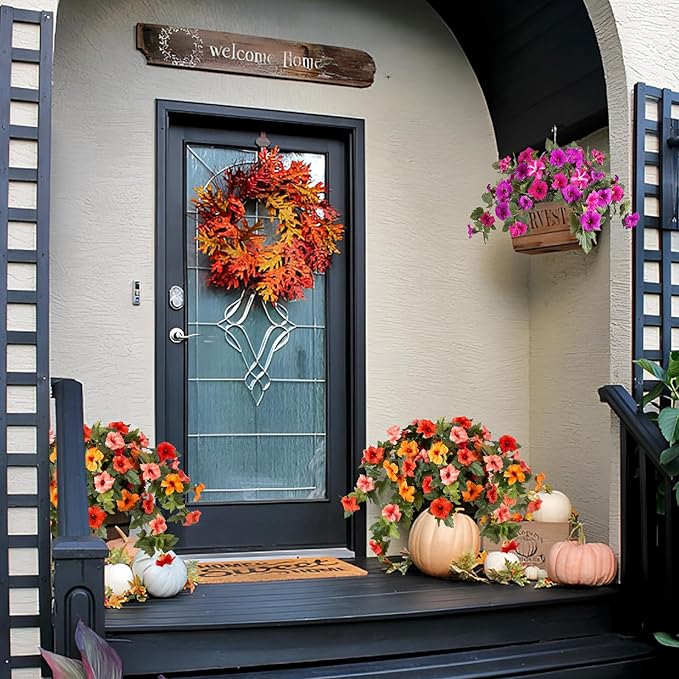 Artificial Fake Fall Flowers Plants for Outdoor Decoration, 2PCS Fall Silk Faux Flowers Petunias Planter, No Fade UV Resistant Flower for Garden Porch Yard Patio Window Box Autumn Indoor Decor(Orange)