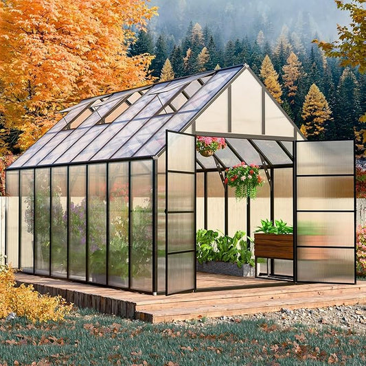 10x16 FT Greenhouse for Outdoor, Large Easy Assembly Heavy Duty Polycarbonate Panels Aluminum Frame Walk-in Green House with 3 Windows Wider Door for Garden Plants