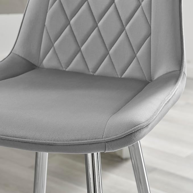 Bar Stool Chair - Pesaro Grey Velvet Upholstered Dining Chair Silver Metal Legs - Modern Style Diamond Quilted Stitching to Back - Contemporary Dining Kitchen Furniture