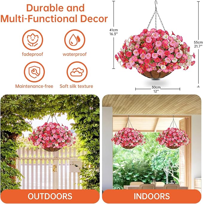 Artificial Hanging Faux Flowers Basket, Fake Silk Petunias Plants Arrangement,for Spring Summer Outdoor Decoration,UV Resistant, Morning Glorias,for Home Garden Decor (Dark Pink&White)