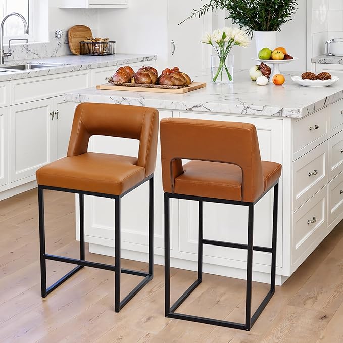 Counter Height Bar Stools Set of 2 for Kitchen Counter Modern Bar Chairs with Backs for Kitchen Island with Upholstered Faux Leather Seat and Metal Frame, 26 Inch, Light Brown