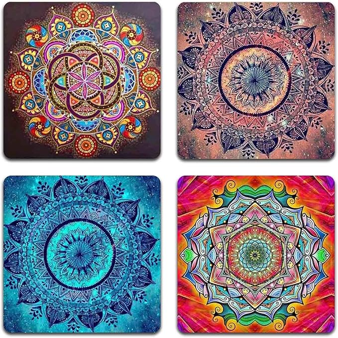 Mandala Pattern Square Coaster Set - Made of Recycled Rubber - Set of 4