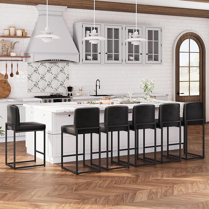 ALPHA HOME 24 Inch Bar Stools, Kitchen Counter Stools with Backs, Black Bar Stools Set of 6, PU Leather Barstools, Kitchen Stools with Back&Upholstered Footrest, Sturdy Chromed Metal Steel Frame
