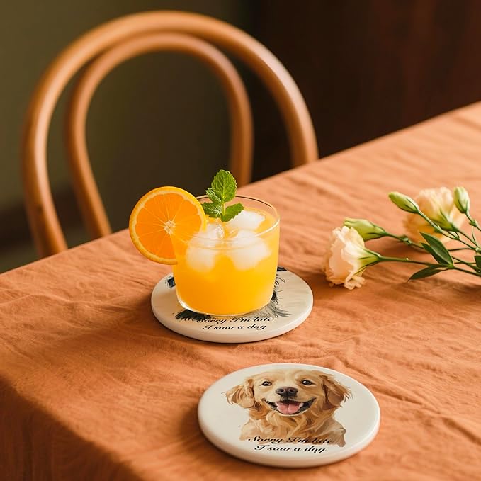 Absorbent Coasters Set of 6 with Holder - Cute Puppy Design Ceramic Coasters for Drinks, Home Decor & Coffee Bar Decor, Gifts for Dog Lovers Pet Owners Housewarming