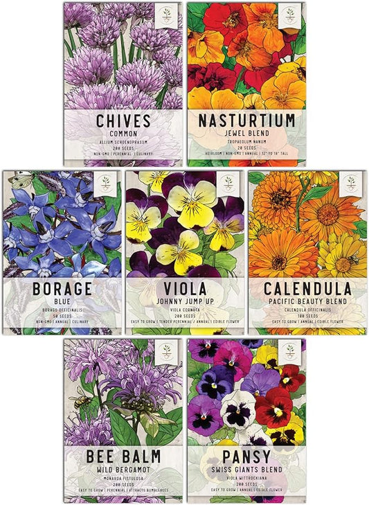 Seed Needs, Edible Wildflower Seed Packet Collection (7 Varieties of Flower Seed for Planting) Non-GMO & Untreated - Includes Viola, Pansies, Chives, Borage, Calendula, Nasturtium and Bee Balm