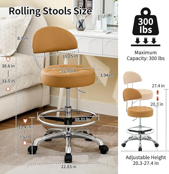 Rolling Chair (Adjustable Height 20-27 inch) (Stool with Quiet Wheels and Foot Rest) Multifunctional Nail Salon and Spa Stools (Camarel Brown)