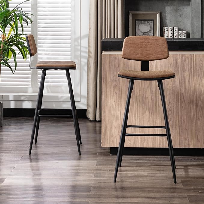 Bar Stools Set of 4, Bar Chairs w/PU Leather Seat and Backrest, Frosted Iron Frame, 29.33'' Seat Height Counter Stools, Simple Assembly, for Dining Room Kitchen Counter Bar, Brown