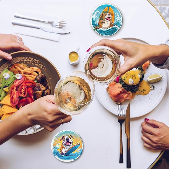 Coaster for Drinks Set of 6, Cute Dog Surfing Absorbing Round Ceramic Stone Coaster with Cork Base,Tabletop Protection Mat for Mugs and Cups,Coffee Table Wine Glass Home Bar 4 Inch