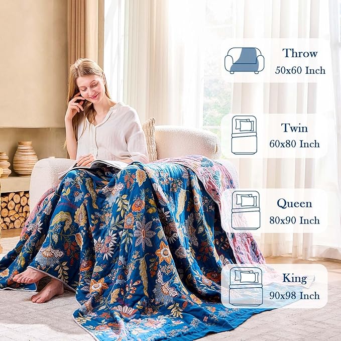 Fall Throw Blanket for Couch, Blue Boho Decorative Throw Blanket, 100% Cotton Muslin Breathable Woven Farmhouse Blankets Quilt, 60"x80" Reversible Lightweight Blankets Bohemian Throw Quilt
