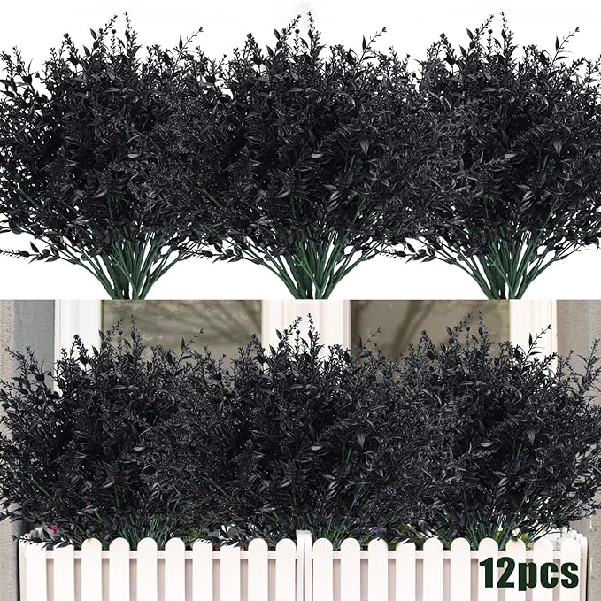 RECUTMS 12 Bundles Artificial Flowers Outdoor UV Resistant Outdoors Fake Plants Faux Plastic Flower in Bulk for Hanging Planters Outside Porch Vase Home Window Decoration(Black)