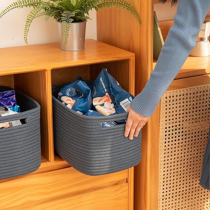 OIAHOMY 4 Pack Storage Baskets for Organizing, Cube Storage Bins for Shelves, Rectangle Storage Baskets With Handles, Woven Baskets for Storage, 12.7''Lx9''Wx7.8''H, Blue