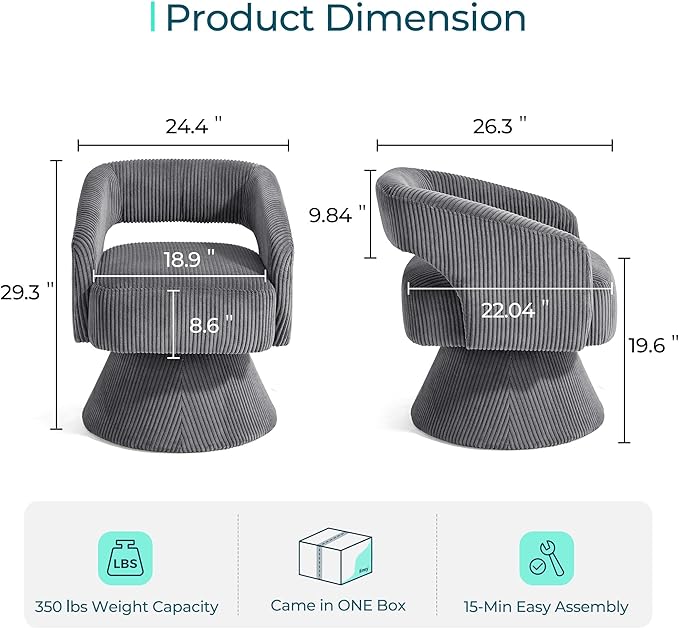 LINSY Swivel Barrel Chair, 360° Modern Swivel Accent Chair with Arms, Boucle Swivel Chair Gray Corduroy Chairs for Bedroom Living Room Small Spaces