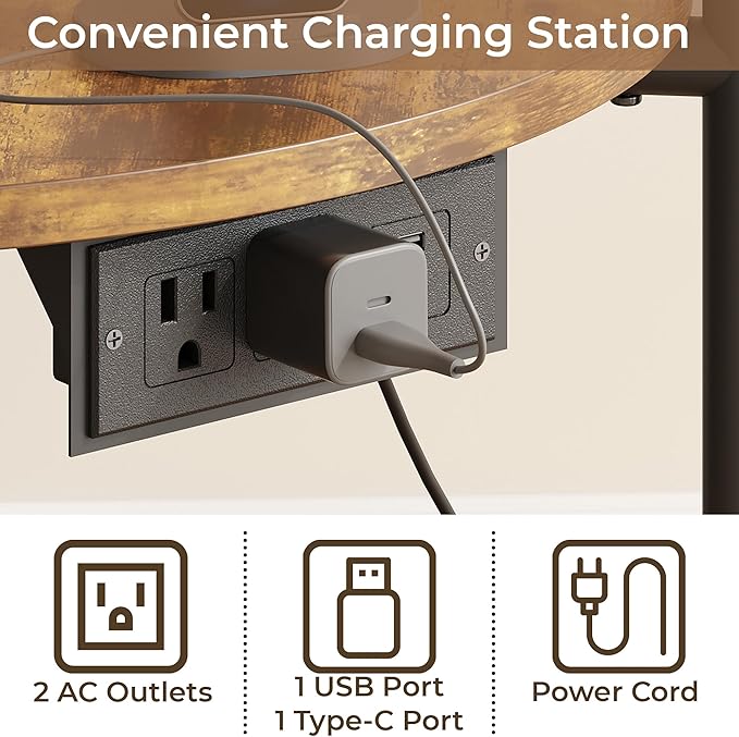 LIKIMIO Round Side Table Set of 2, 23.6" W End Table with Charging Station, Modern Wooden Nightstand for Small Spaces, Living Room, Bedroom, Rustic Brown