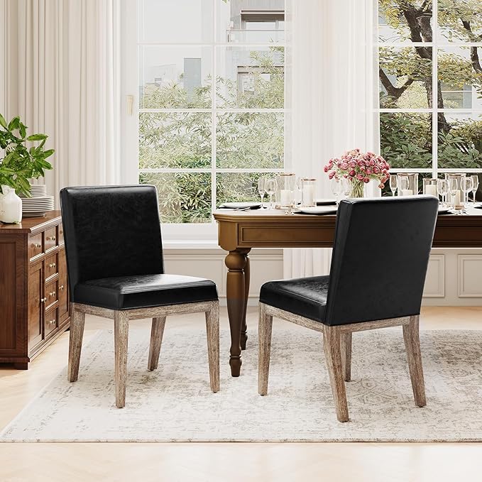 Wooden Dining Chairs Set of 2, Modern Leather Upholstered Dining Room Chair, Kitchen Side Chairs, Farmhouse Dinner Chair with High Back for Kitchen, Black