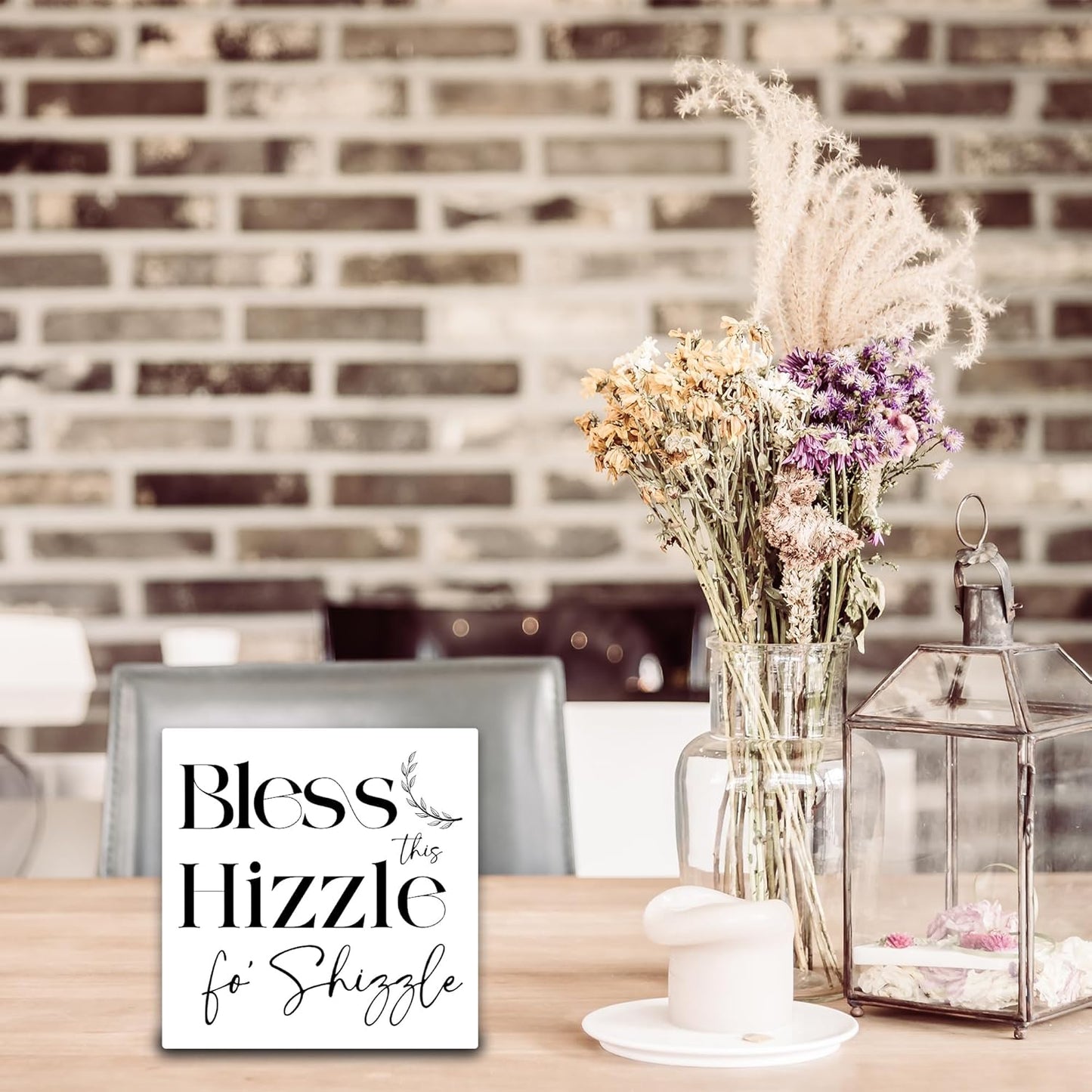 Bless This Hizzle Fo Shizzle Wooden Block Plaque - White Tabletop Sign Decor For Friend Family Coworker - 5"x5" Room Office Home Wood Block - Funny Desk Gifts Favors & Supplies - A09