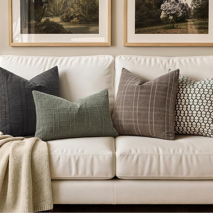 MIULEE Decorative Linen Check Throw Pillow Covers Neutral Farmhouse Vintage Pillow Covers 18x18 Set of 2 Boho Modern Winter Home Decor for Sofa Couch Bedroom Cushion Brown