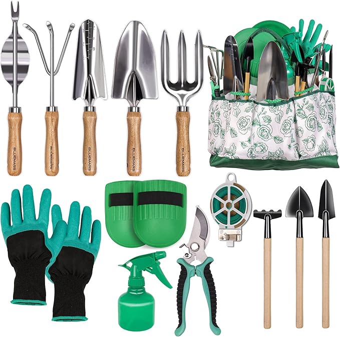 Bluemars Gardening Hand Tool Kit 14PCS Heavy Duty Stainless Steel Garden Tool Set with Floral Garden Tote -Outdoor Gardening Transplanting Gifts for Woman