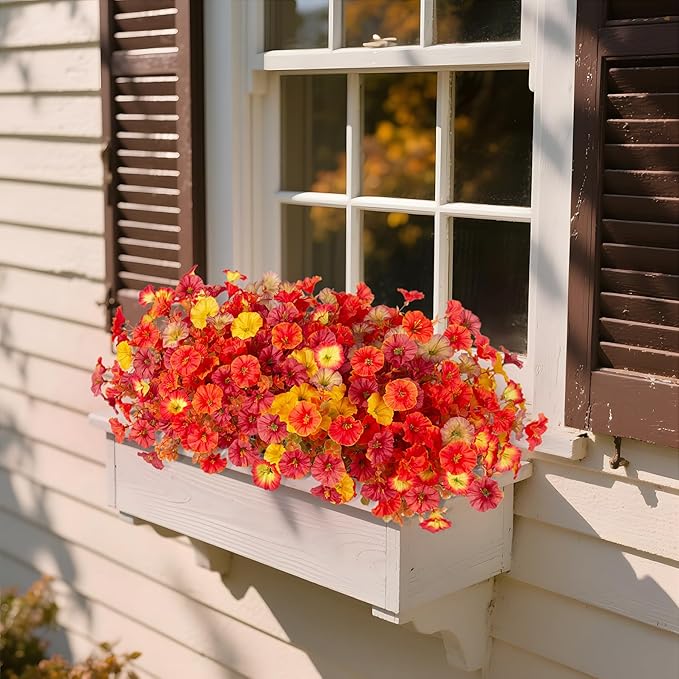 Fall Artificial Flowers for Decoration, 12 Bundles Fake Autumn Flower Plants Petunias, Faux Silk Morning Glory Eucalyptus for Planter Garden Porch Front Door Window Box, Orange Red Yellow