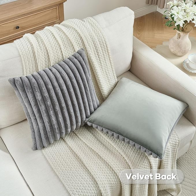 FUTEI Grey Striped Decorative Throw Pillow Covers 26x26 Inch Set of 2,Square Fall Decorations Couch Euro Pillow Shams,Soft Cozy Faux Rabbit Fur & Velvet Back,Modern Home Decor for Bed