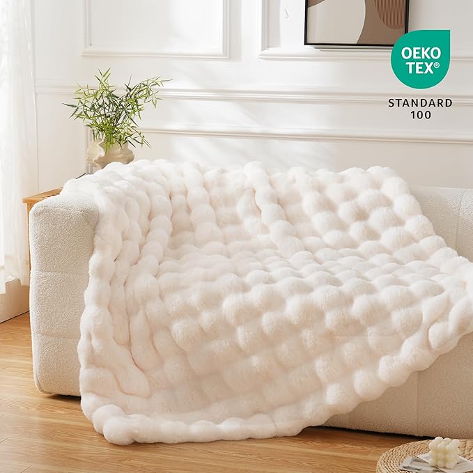 BENVWE Faux Fur Throw Blanket for Couch Bed - Fluffy Soft Thick Bubble Blanket for Living Room Home Decor - Mothers Day Birthday Gifts for Women, Cream White, 63" x 80"