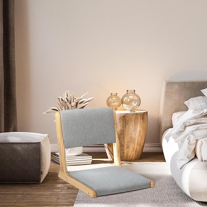 HollyHOME Foldable Japanese Style Floor Chair with Back Support, Wood Legless Tatami Chair with Cushion, Accent Meditation Seat for Bay Window, Living Room, Bedroom, Light Grey