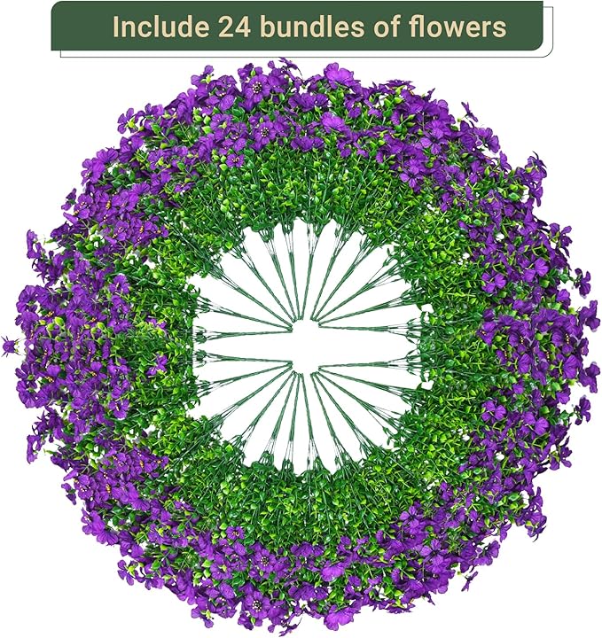 24 Bundles Artificial Flowers for Outdoors & Indoors – UV Resistant Faux Plastic Plants for Garden, Patio, Porch, Window Box, Home Decor – Lush & Vibrant Fake Flowers, Purple