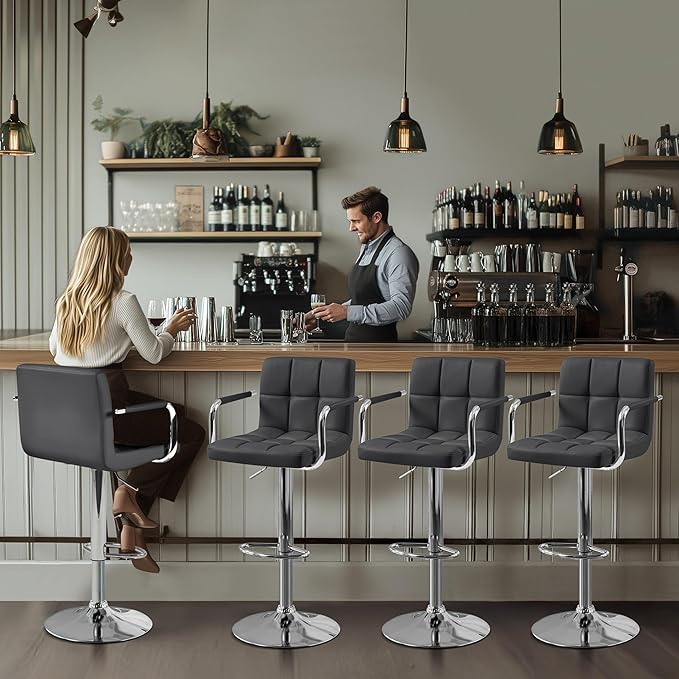 Yaheetech Bar Stools Set of 4, PU Leather Adjustable Barstools with Armrest, Counter Height Stool Chairs with Thickened Seat Cushion for Kitchen Island, Grey