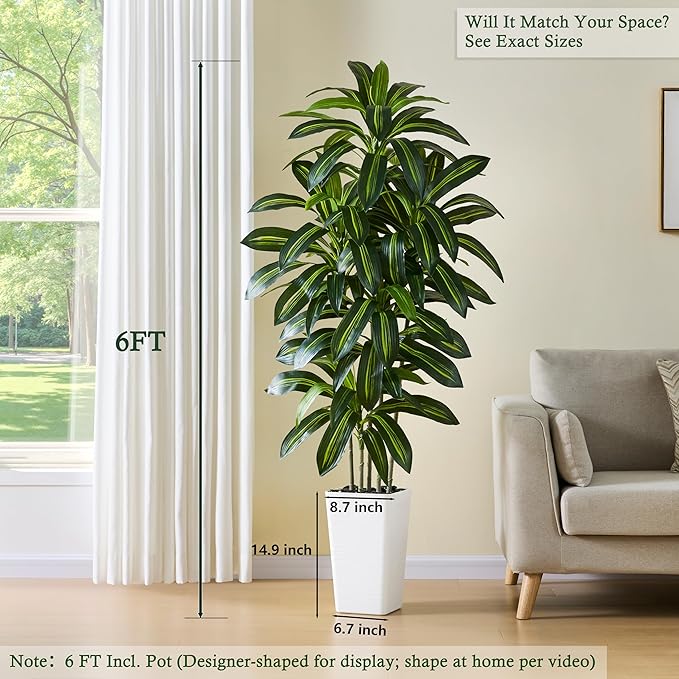 Artificial Dracaena Tree：6FT Faux Silk Tropical Yucca Floor Trees Realistic Fake Green Plant with Natural Wood Trunk & Lifelike Leaves for Home Office Decor Indoor & Outdoor (6FT,1-Pack,White)