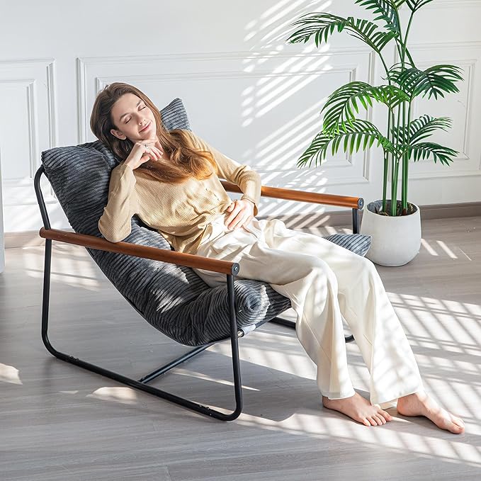 MAXYOYO Modern Accent Chair, Comfy Living Room Chair with Metal Frame Wooden Armrest, Upholstered Armchair with Soft Cushion for Bedroom Balcony Lounge Reading Room, Dark Grey