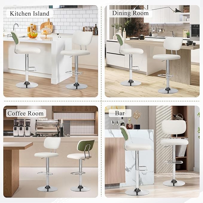 Furniliving Adjustable Bar Stools Set of 4, Modern Teddy Velvet Swivel Barstools with Curved Back, Stylish Armless Counter Height Bar Stools Bar Chairs for Kitchen Island, Bar, Green
