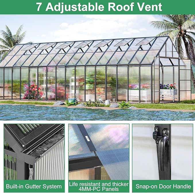 CDCASA 32x10x10 FT Greenhouse for Outdoors, Easy Assembly Large Thicker Aluminum Heavy Duty Polycarbonate Greenhouses Kit w/7 Windows, Outside Sunroom Walk-in Green House for Patio,Backyard