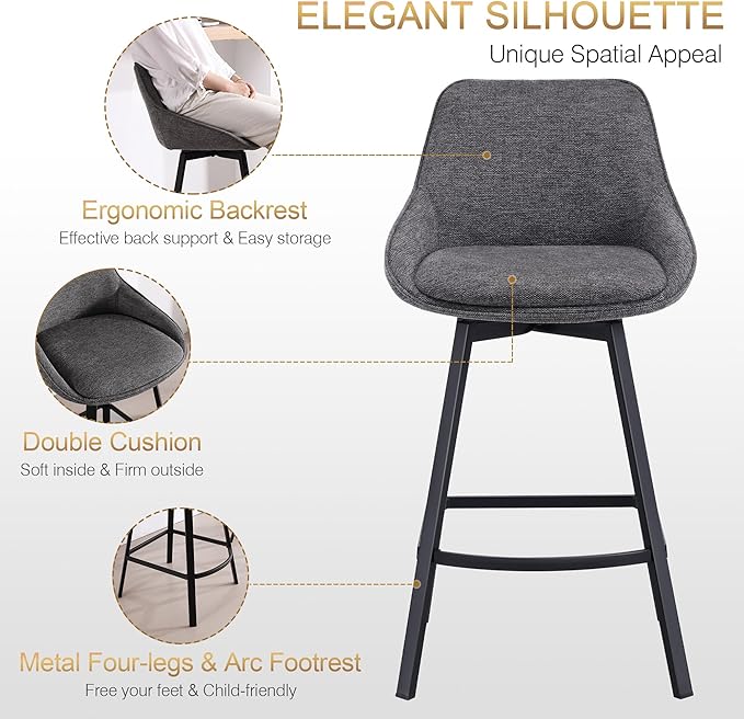 Zesthouse Swivel Counter Height Stools Set of 4, Modern Upholstered Barstools with Backs, 26'' Linen Fabric Counter Height Bar Stools, Metal High Chairs for Island Kitchen, Dark Grey