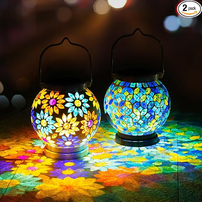 VOREEN 2 Pack Mosaic Solar Lanterns, Handmade Outdoor Glass Hanging Lights, Solar Table Lamps, Waterproof Night Lights, Gift for Mom Wife Friend, Decor for Garden, Patio, Yard, Party, Balcony, Round