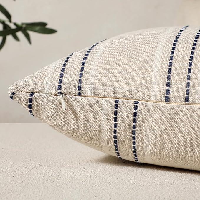 Hckot Decorative Navy Pillow Covers 18x18 Striped Throw Pillows Textured Linen Pillow Covers Farmhouse Decor Cushion Covers for Couch Bed Living Room, Navy