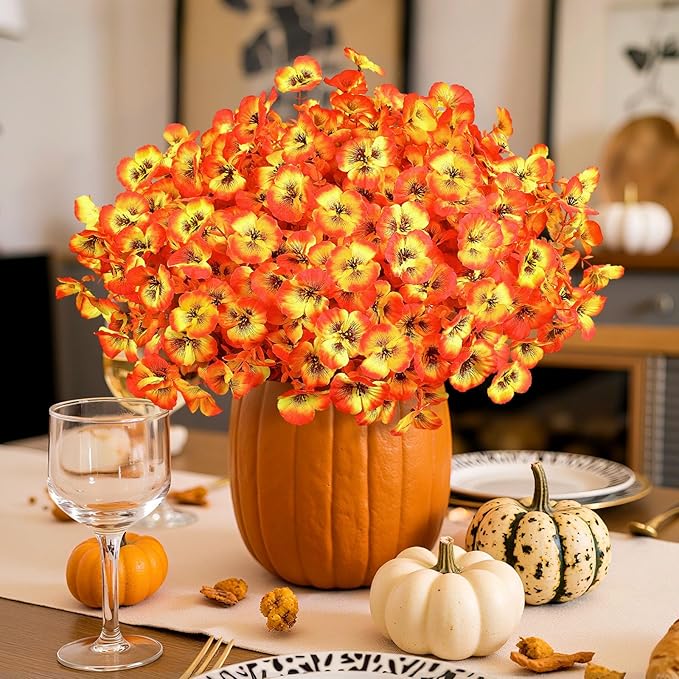 6 Bundles Artificial Fall Flowers for Outdoors Autumn Decorations, Fake Big Pansies Silk Plants UV Resistant Realistic Faux Flowers Plants for Planter Porch Patio Window Decor, Autumn Orange
