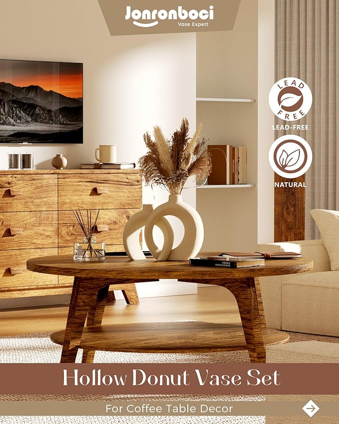 Embrace Donut Vase for Decor, Set of 2 - Modern Design, Boho Style, Beige Natural Ceramic, Decorative Vases for Flower - Home Decor Aesthetic — 7.2" X 8.9" H (Matte Cream White)