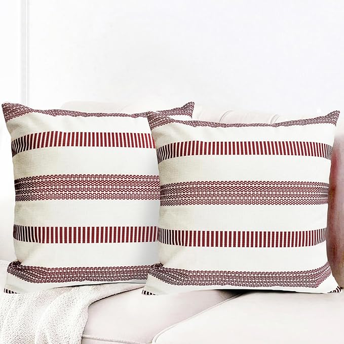 Decorative Throw Pillow Covers Set of 2 Wine Red Boho Striped Pillow Covers 18x18 Inch Throw Pillow Cover Linen Pillowcase Farmhouse Outdoor Pillow Covers for Couch Sofa Bed Living Room