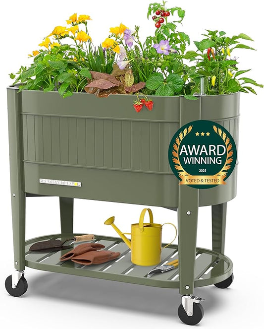 Permasteel Raised Garden Bed with Legs, 40×20×37 in, Planter Box with EnGrow™ TrueSoil™ Technology for Vegetables, Flowers, Herbs, and Fruit, Outdoor Indoor, Storage Shelf, Green