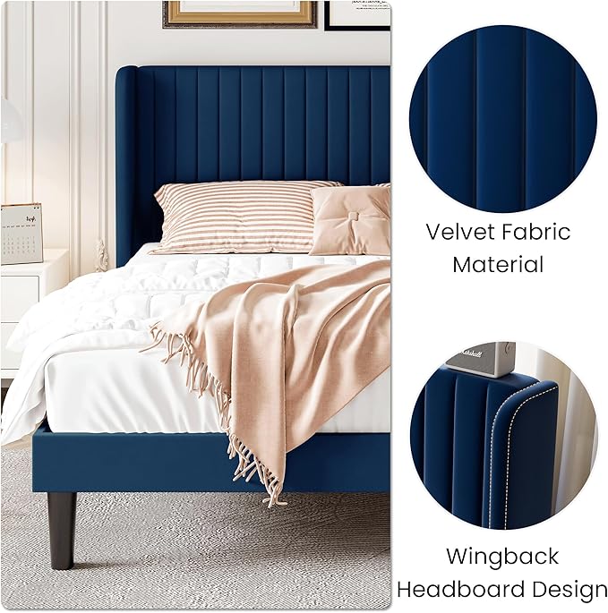 SHA CERLIN King Size Velvet Bed Frame with Vertical Channel Tufted Wingback Headboard, Upholstered Platform Bed with Wood Slats, No Box Spring Needed, Easy Assembly, Blue