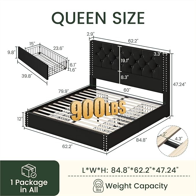 LARMACE Queen Size Platform Bed Frame with 4 Storage Drawers and Tufted Headboard Velvet Upholstered Bed Frame with Heavy Duty Wood Slats, No Box Spring Needed, Easy Assembly, Black