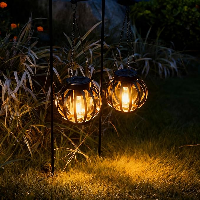YAKii 2 Pack Solar Lanterns Outdoor Waterproof,Metal Hanging Solar-Powered Lights Outside Lanterns, Warm White LED Lights Decor for Yard Garden Pathway Patio Porch Balcony Decoration