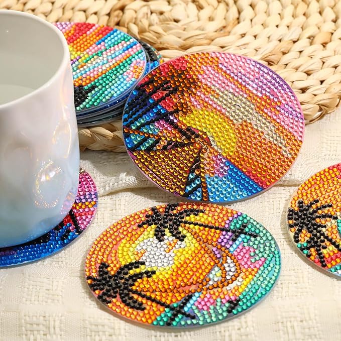 8 PCS Beach Moon Diamond Art Coasters Kits, Diamond Painting Coasters with Holder Set of 8, DIY Drink Coasters Art Crafts Supplies for Adults Cup Mat for Home Decor House Warming Gifts 3.9inch