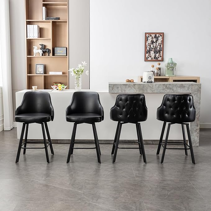 Bar Stools Set of 4, 26" Swivel Counter Height Bar Stools with High Back, Faux Leather Kitchen Barstools Counter Height for Kitchen Island (Black, 4PCS 26" Counter Stools)