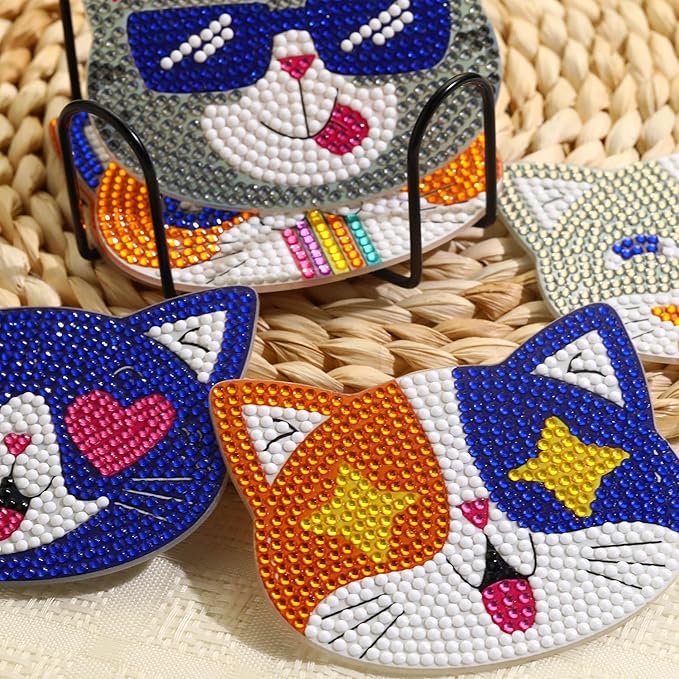6PCS Cat Diamond Art Coasters Kits, Diamond Painting Coasters with Holder Set of 6, DIY Drink Coasters Art Crafts Supplies for Adults Cup Mat for Home Decor House Warming Gifts Non-Slip 3.9inch