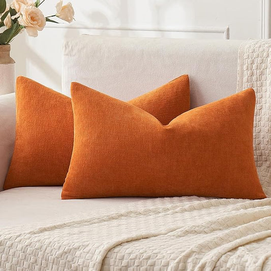 MIULEE Orange Couch Pillow Covers 12x20 Inch, Set of 2 Soft Chenille Fall Decorative Square Throw Pillow Covers Farmhouse for Sofa Living Room Bed