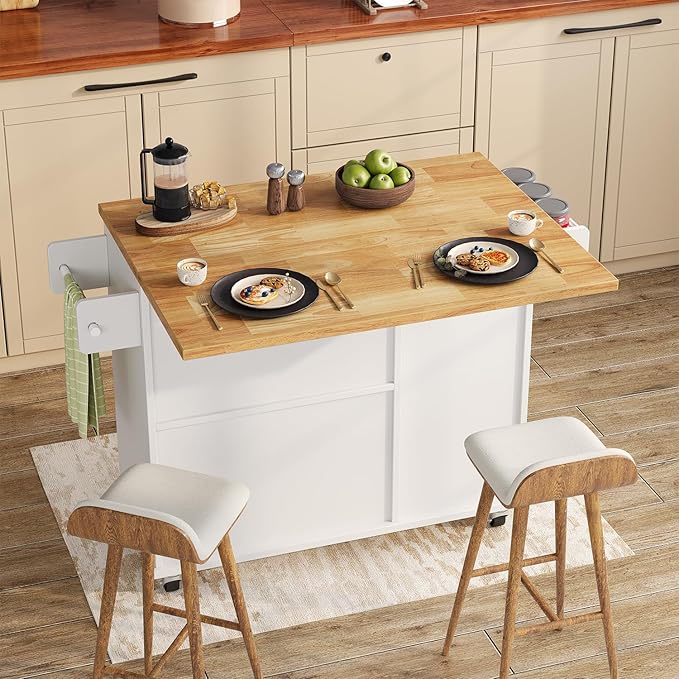 Rolling Kitchen Island with Storage Cabinet, 41.3'' Width Kitchen Cart with Desktop Drop Leaf Countertop, Portable Mobile Kitchen Island with Towel Rack, Spice Rack Shelf and Lockable Wheels, White