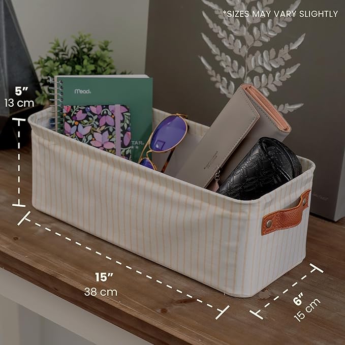 OrganiHaus Narrow Storage Bins 15x06in, Small Closet Bins for Shelves, Bathroom Storage Baskets, Narrow Baskets, Fabric Organizer with Handles, Toilet Paper Organizer - 2 Pack, White w/Brown Stripes