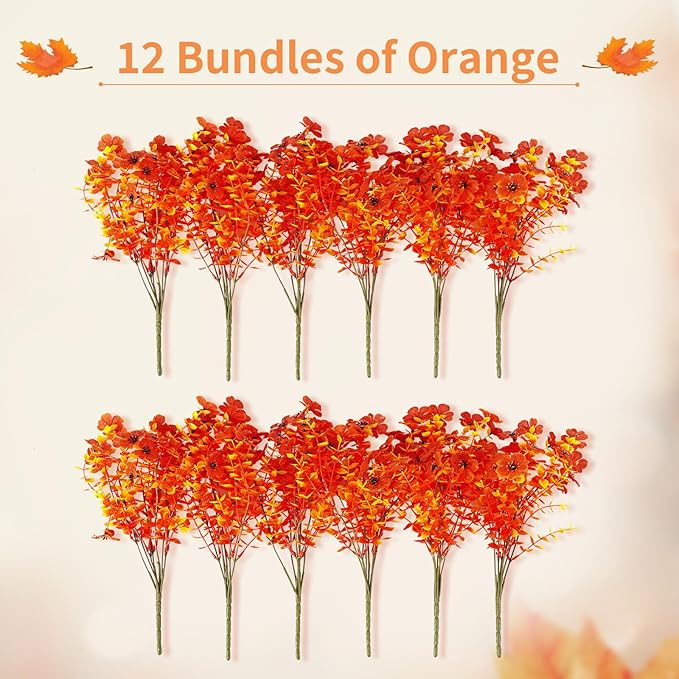Artificial Mums Fall Fake Flowers for Outdoors, 12 Bundles Faux Mums for Outdoor Planters Autumn Decorations,UV Resistant Silk Flowers Plastic Plants for Outside Front Porch Garden Patio Home Decor